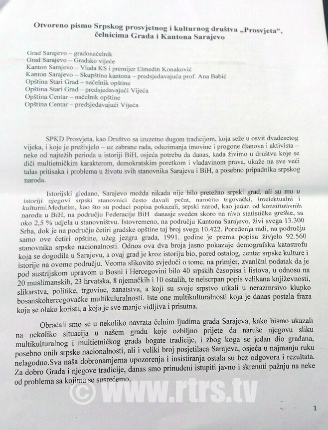 Otvoreno pismo sarajevskih Srba