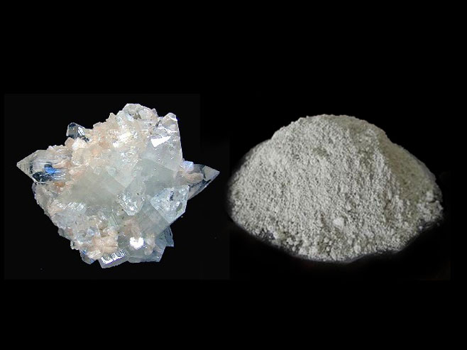 Mineral zeolita (lijevo) i zeolit u prahu (desno) - 