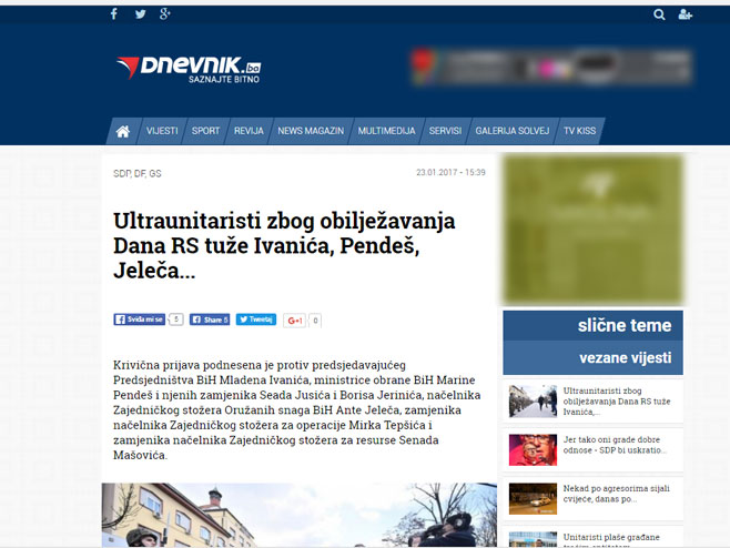 Ultraunitaristi zbog obilježavanja Dana RS tuže Ivanića, Pendeš, Јeleča... (Foto: printscreen/dnevnik.ba) - 