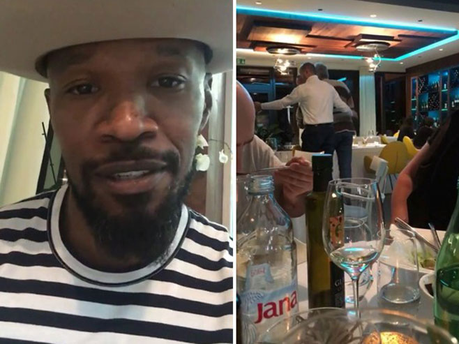 DŽejmi Foks u restoranu (lijevo) i dva pijana gosta koje udaljuju od njegovog stola (Foto: Instagram) - 