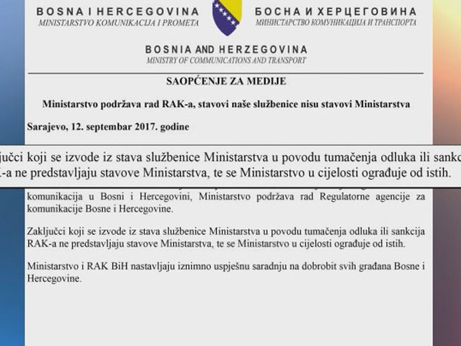 Saopštenje Ministarstva transporta i komunikacija BiH - Foto: RTRS