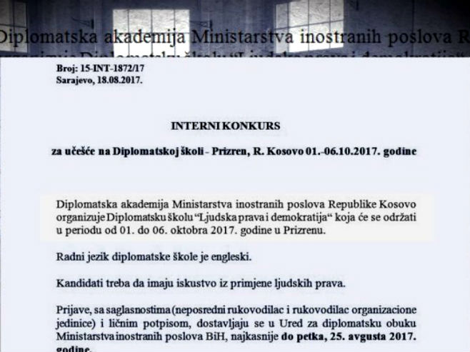 Interni dokument kojim se pozivaju kandidati MIP-a i DKP mreže da se usavršavaju na Kosovu - Foto: RTRS
