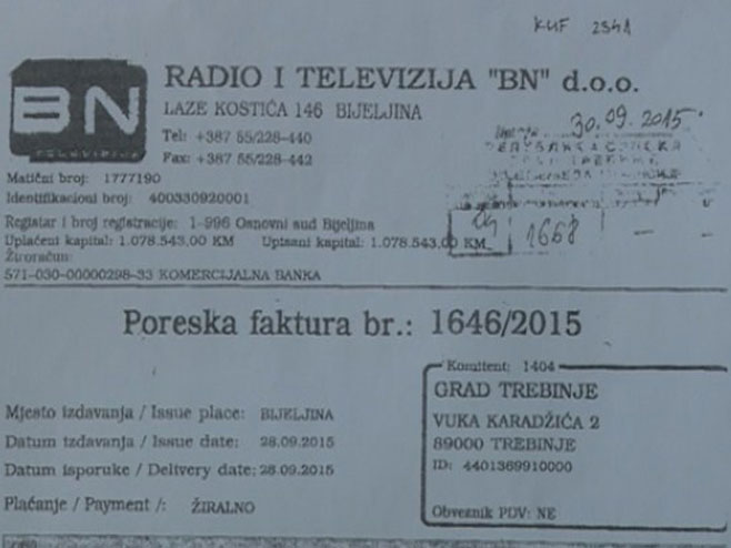 Poreska faktura za BN televiziju koju je uplatio grad Trebinje 2015. godine - Foto: RTRS