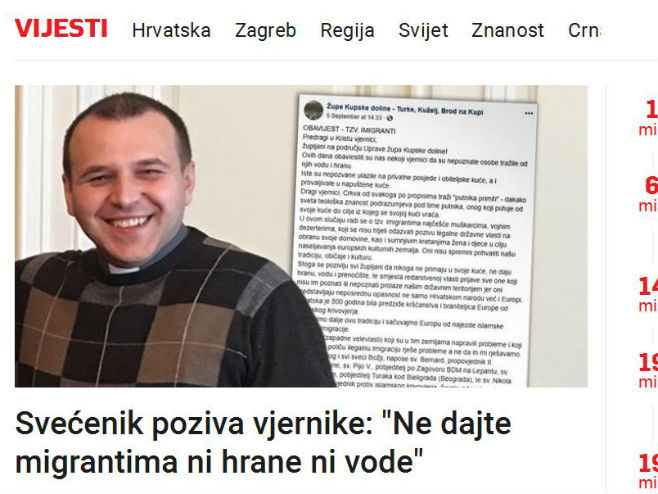 Sveštenik Јosip Tomić: Uskratite migrantima hranu i vodu - Foto: Screenshot