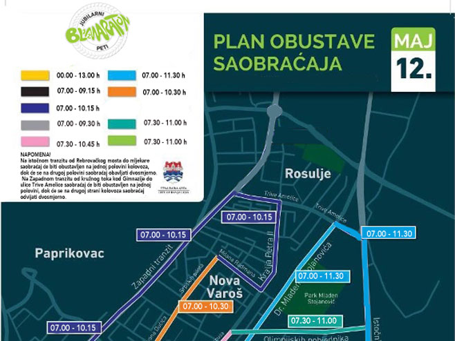 Banjaluka: Mapa obustava saobraćaja (foto: banjalukamarathon.com) - 