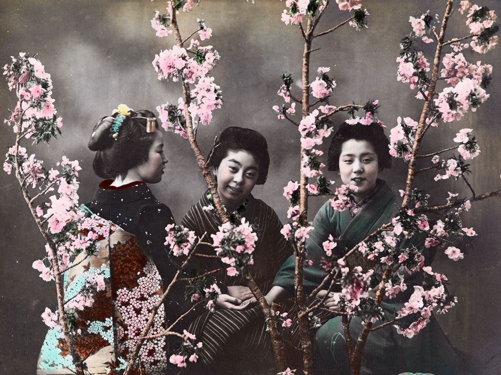 Berba "Žene poziraju sa cvjetovima Trešnje"- fotografija snimljena 1910. godine u Јapanu
