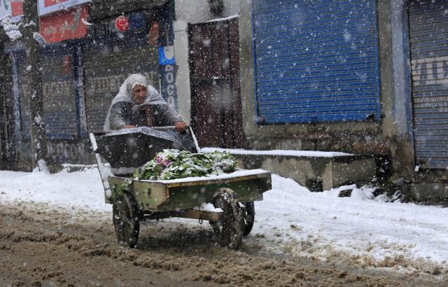 U indijskom gradu Sinagaru snijeg koji je pao izazvao je teškoće u saobraćaju.