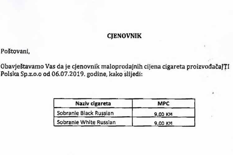 Cjenovnik maloprodajnih cijena cigareta
