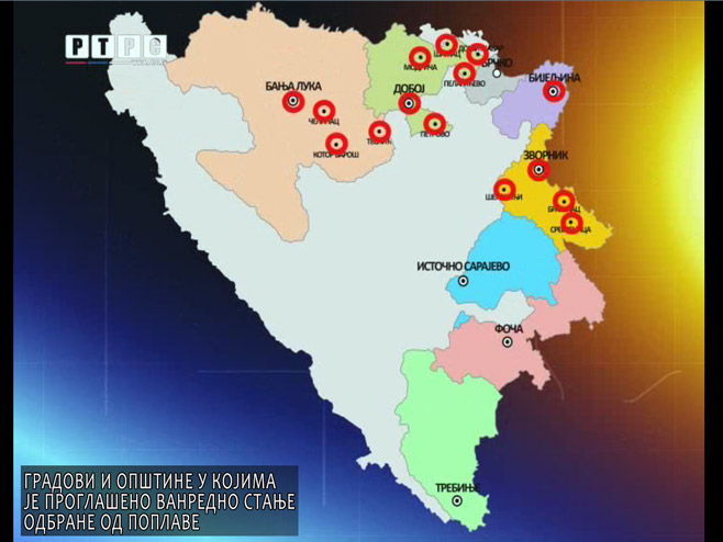 Gradovi i opštine u kojima je proglašeno vanredno stanje - Foto: RTRS