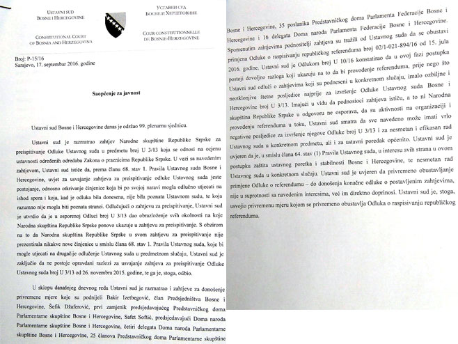 Saopštenje Ustavnog suda BiH - Foto: RTRS