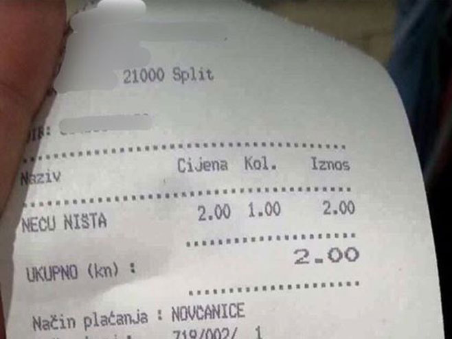 Račun u Splitu za "ništa" dvije kune - Foto: Facebook