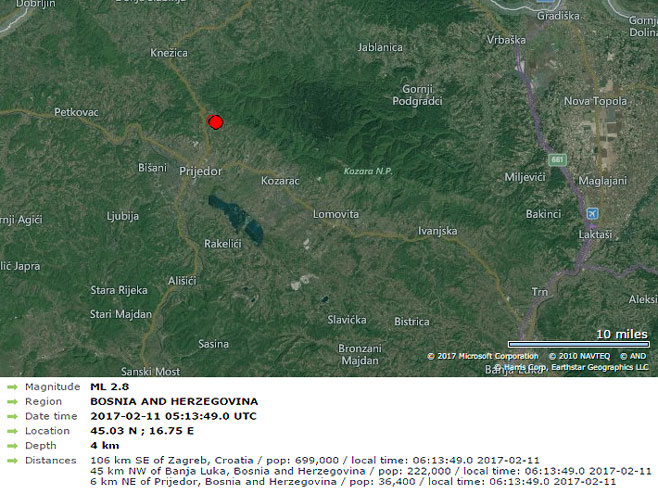 Slabiji zemljotres na području Prijedora - Foto: Screenshot