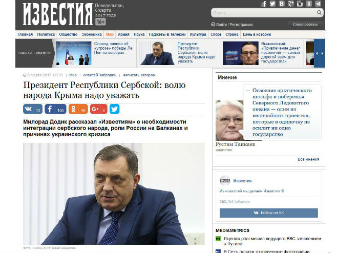 Intervju Milorada Dodika za ruski list "Izvestja" - Foto: Screenshot