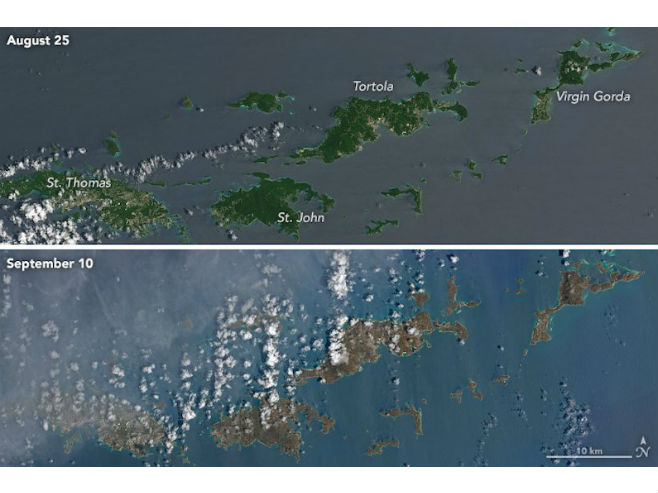 Karipska ostrva pre (gore) i poslije (dolje) „Irme“ (Foto: NASA Earth Observatory) - 