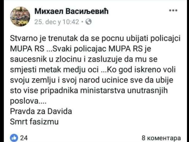 Poziv na ubistvo policajaca (foto: facebook.com/mihael.vasiljevic.54) - 