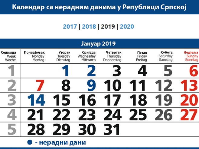 Kalendar neradnih dana u 2019. godini - Foto: RTRS