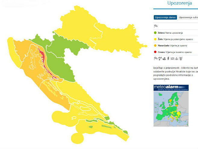 Hrvatska - meteoalarm - Foto: Screenshot