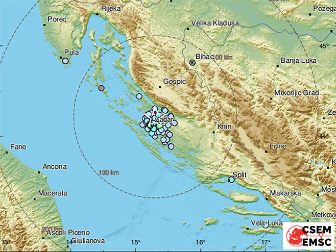 Zemljotres u Zadru (Mapa: EMSC) - 