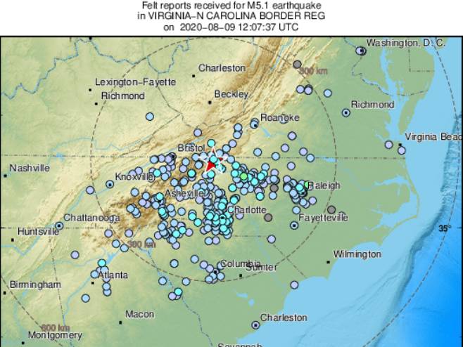 Epicentar zemljotresa, Sjeverna Karolina (foto: twitter.com/LastQuake) - 