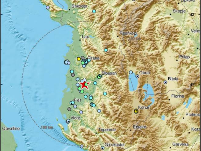 Epicentar zemljotresa u Albaniji (foto: twitter.com/LastQuake) - 