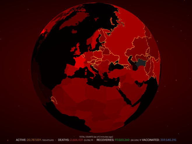 Svjetska karta virusa korona (foto: covidvisualizer.com) - 