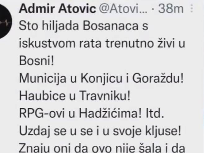 Tvit Atovića - Foto: Screenshot