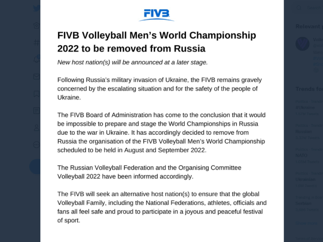 Saopštenje Međunarodne odbojkaške federacije (foto: twitter.com/volleyballworld) Saopštenje Međunarodne odbojkaške federacije (foto: twitter.com/volleyballworld) -