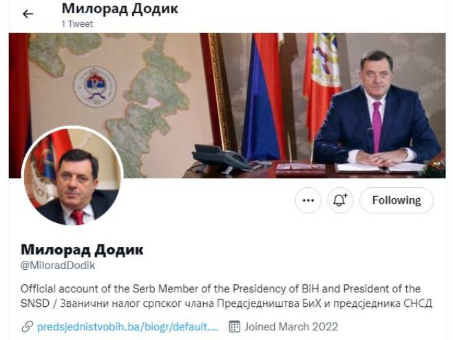 Zvanični Tviter nalog Milorada Dodika Zvanični Tviter nalog Milorada Dodika - Foto: RTRS