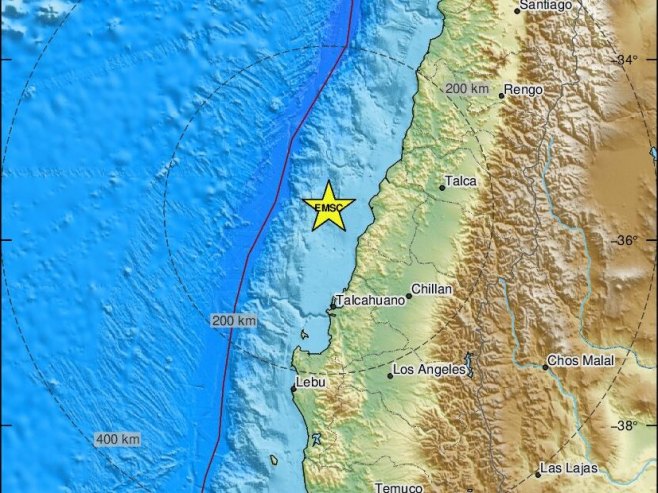 Epicentar zemljotresa u Čileu (foto: emsc-csem.org) - 