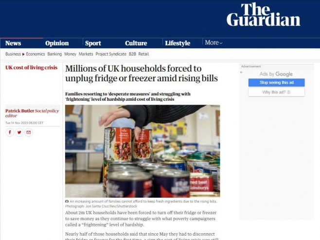 Gardijan: Sve više domaćinstava u Britaniji gasi frižidere Gardijan: Sve više domaćinstava u Britaniji gasi frižidere - Foto: Screenshot