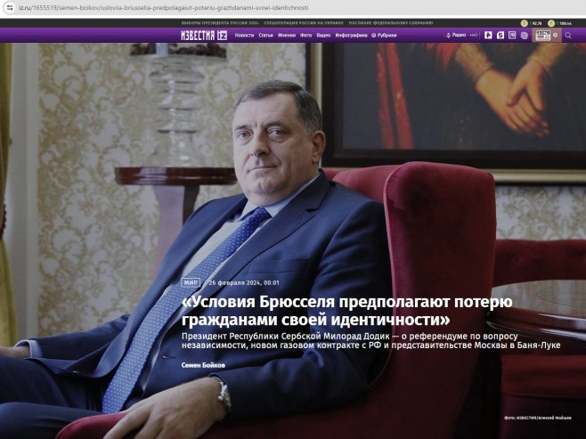 Milorad Dodik, intervju za ruski list Izvestija (foto: screenshot - iz.ru) - 
