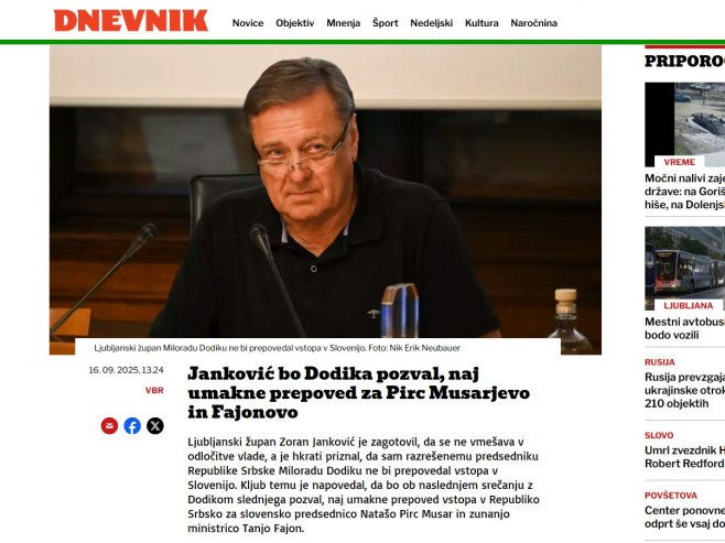 Gradonačelnik Ljubljane: Ne bih zabranio predsjedniku Srpske Miloradu Dodiku ulazak u Sloveniju