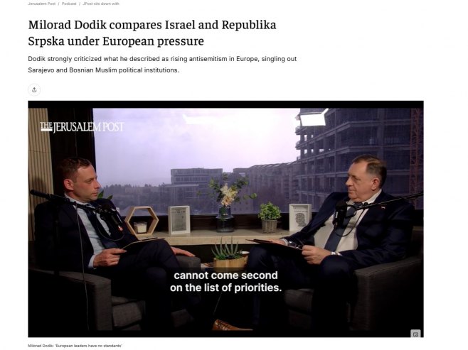 Dodik za "Јerusalim post" povukao paralele između Izraela i Republike Srpske (VIDEO)