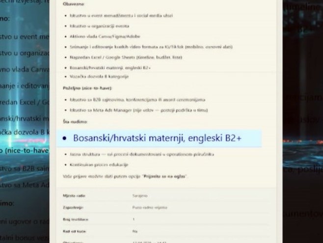 Diskriminacija Srba u FBiH! U oglasu za posao obavezan uslov bošnjački, hrvatski i engleski, ali ne i srpski jezik