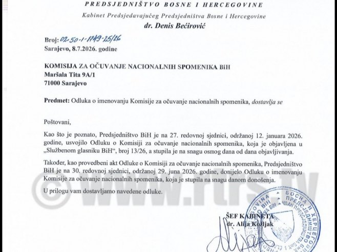 Dokument koji potvrđuje kako su iz Bećirovićevog kabineta obmanuli Komisiju za očuvanje nacionalnih spomenika (FOTO)